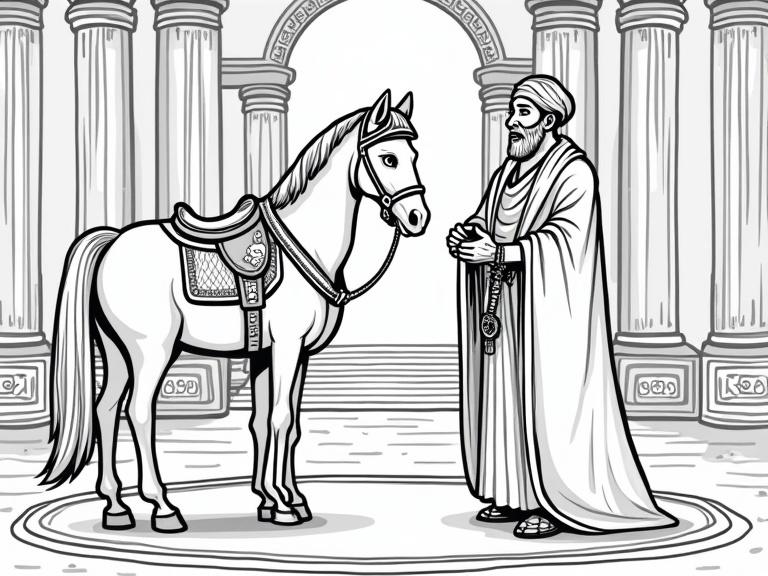 Illustration for children's storybook. Black and white line art without any fill. In a royal Persian hall. A wise Persian presents a life-sized wooden black horse. Richly dressed Persian king watches in surprise. The horse has elegant features and crystal eyes. Soft style with warm colors in mind for reference. Background features columns and a red carpet.