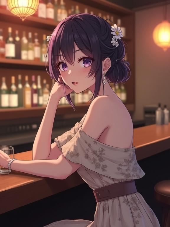 A semi-anime-style lady with dark violet hair styled up. She wears small white flowers and sparkling accents. Her eyes are light violet with a melancholic gaze. The dress is off-the-shoulder, light beige with a floral pattern. She rests her left arm on the bar, touching the surface. Her right arm is bent, hand on her cheek. She sits at a wooden bar in Sakai, Osaka, Japan. The background shows softly illuminated shelves with bottles and warm lanterns.