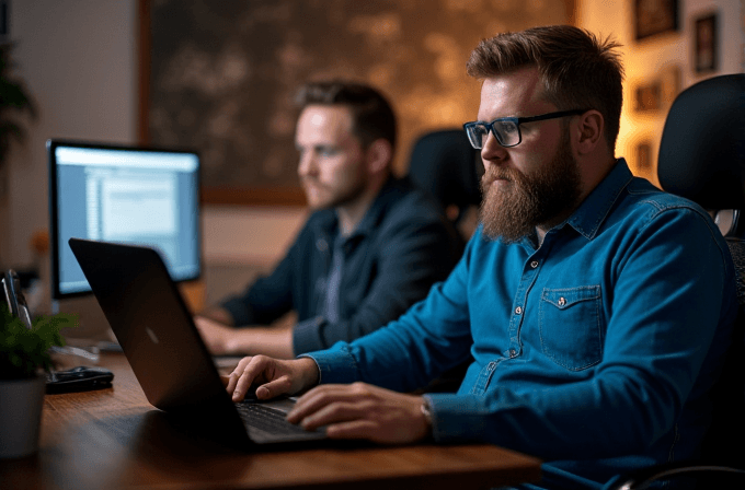 Two men intensely working on laptops in a dimly lit, modern office setting.