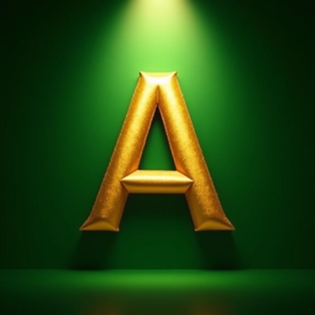 This image features a bold, golden letter 'A' prominently displayed in the center. The letter is designed with a shiny, reflective texture to stand out against a vibrant green backdrop. A well-placed spotlight illuminates the letter, enhancing its golden hues and creating a dramatic ambiance. The artistic representation emphasizes the letter's 3D form, making it visually striking. This composition is ideal for branding or graphic design purposes.