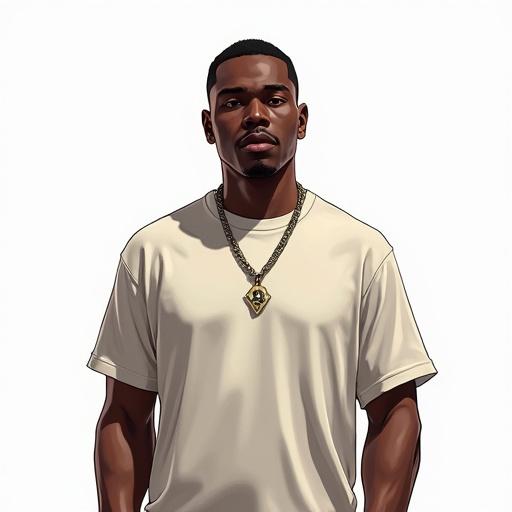 Digital illustration of a black male character. Head and chest view. Directly facing the camera. Bright lighting. Solid color t-shirt. No accessories or background. Grand Theft Auto style.