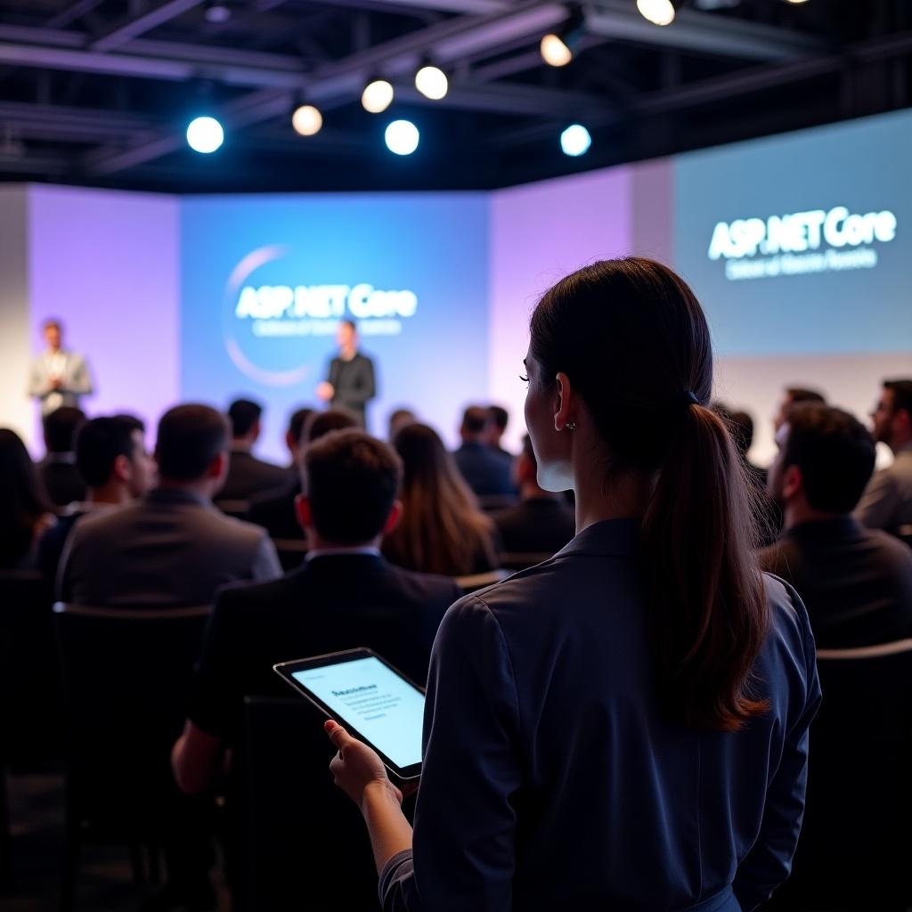 Image captures a technology exhibition showcasing ASP.NET Core. Woman stands holding a tablet, facing the stage. Audience of business professionals focuses on presentation. Soft lights illuminate the professional setting. Stage displays ASP.NET Core branding.