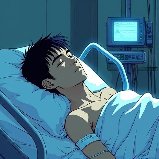 A young man lies unconscious in a sterile hospital room. Pale blue light casts across his gaunt face. He is fragile under thin sheets, connected to glowing machines. Close-up shows gentle throat movements. Side view captures effortful breathing. Wide panel shows a vast, empty ICU space. Monitor line fluctuates quietly, symbolizing stillness.