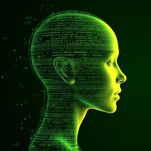 Futuristic digital face interacting with streaming binary code. Green and yellow color scheme symbolizes human-technology integration.