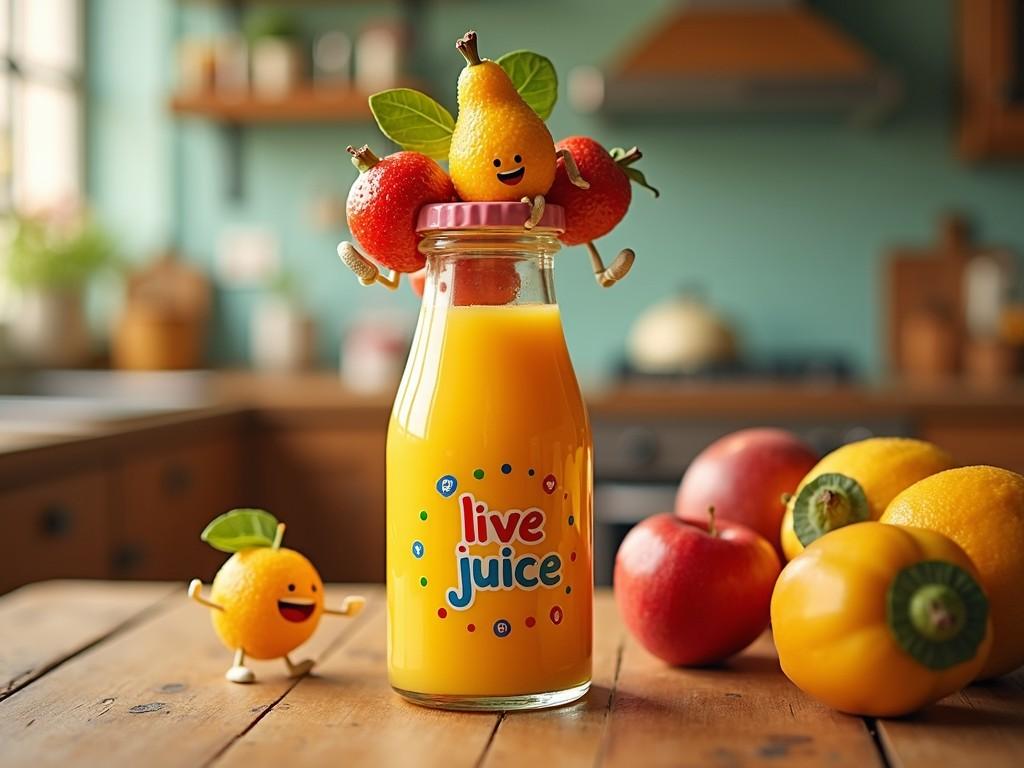 This vibrant image features a glass bottle of orange juice labeled 'live juice' on a rustic wooden table. Animated fruits, including a happy pear and strawberry, decorate the bottle, adding a whimsical touch. The background is slightly blurred, showcasing a cozy kitchen environment with various fruits like apples and lemons contributing to the lively and cheerful atmosphere.