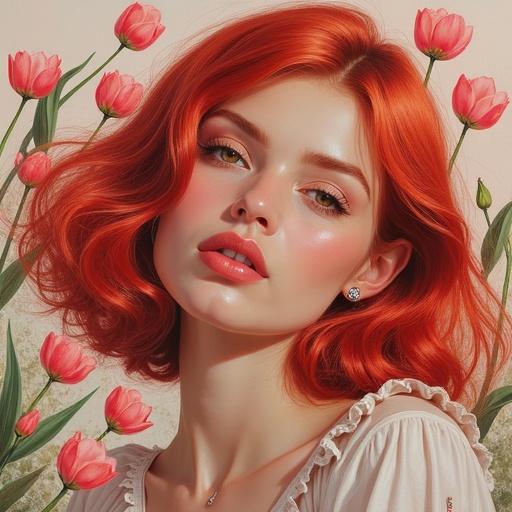 Portrait of a woman with red hair in expressionist style. Thick brush strokes in oil pastel. Background of floating tulips.