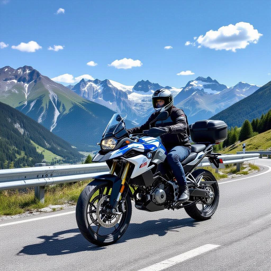 BMW GS 310 motorcycle drives along a scenic mountain road. The landscape features green hills and snow-capped peaks under a blue sky. Ideal for motorcycle enthusiasts and adventure travelers.