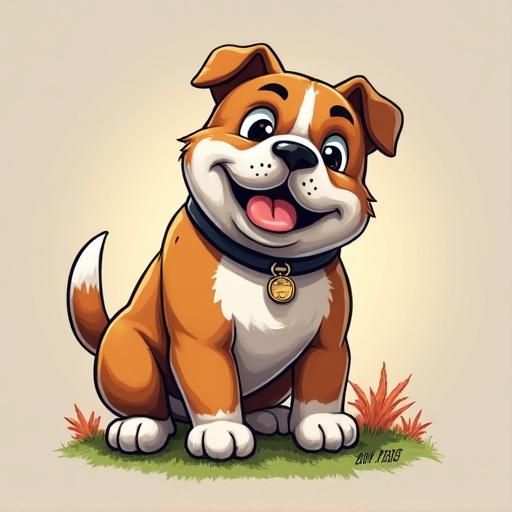 Cartoon style illustration of a cheerful bulldog sitting with a happy expression. The dog is brown and white with a collar, surrounded by grass elements.