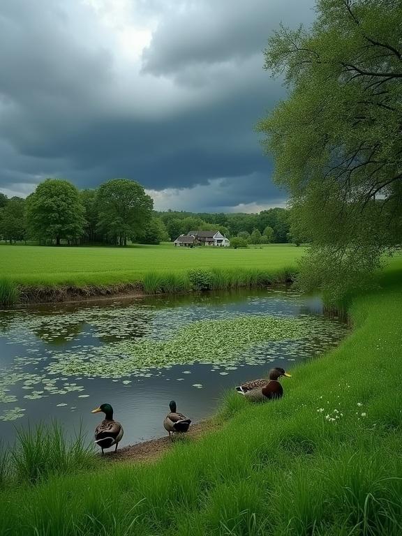 Peaceful countryside scene before rainstorm. Ducks resting at pond edge. Pond covered with green plants. Lush grass and trees enhance depth. Dramatic dark clouds above. Natural stillness and charm evident.