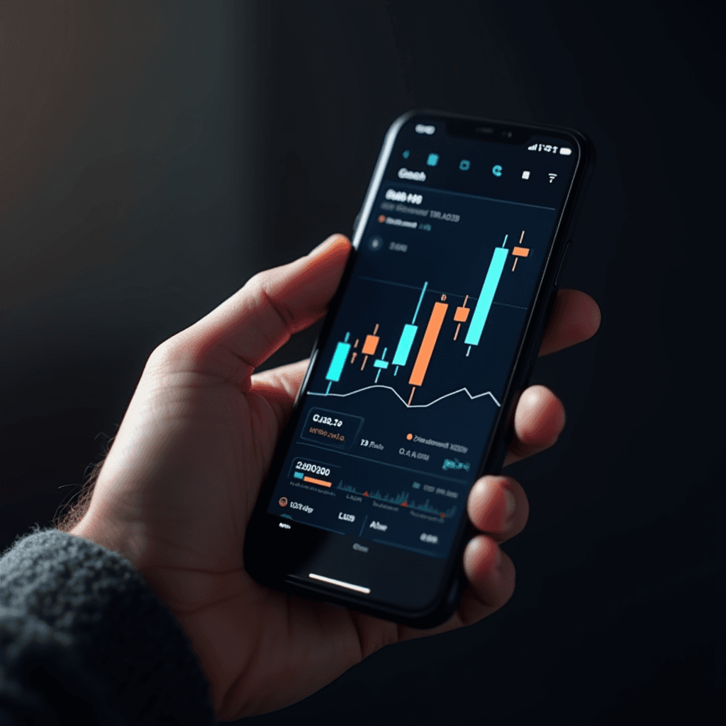 A hand holding a smartphone displaying a stock market analytics app with colorful graphs.