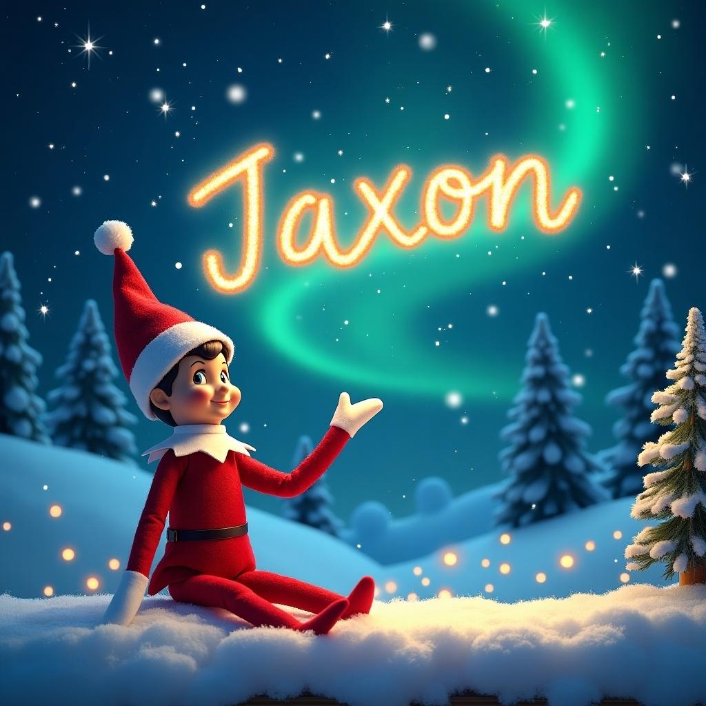 This image features an elf character known from the Elf on the Shelf tradition, sitting on a snowy surface. The elf is dressed in red and white, with a playful expression, and is gesturing towards the sky. Above him, the name 'Jaxon' is artistically written in glowing text. In the background, vibrant Northern Lights illuminate the night sky, enhancing the magical atmosphere. Snowy pine trees add to the winter wonderland setting, creating a festive and cheerful mood.