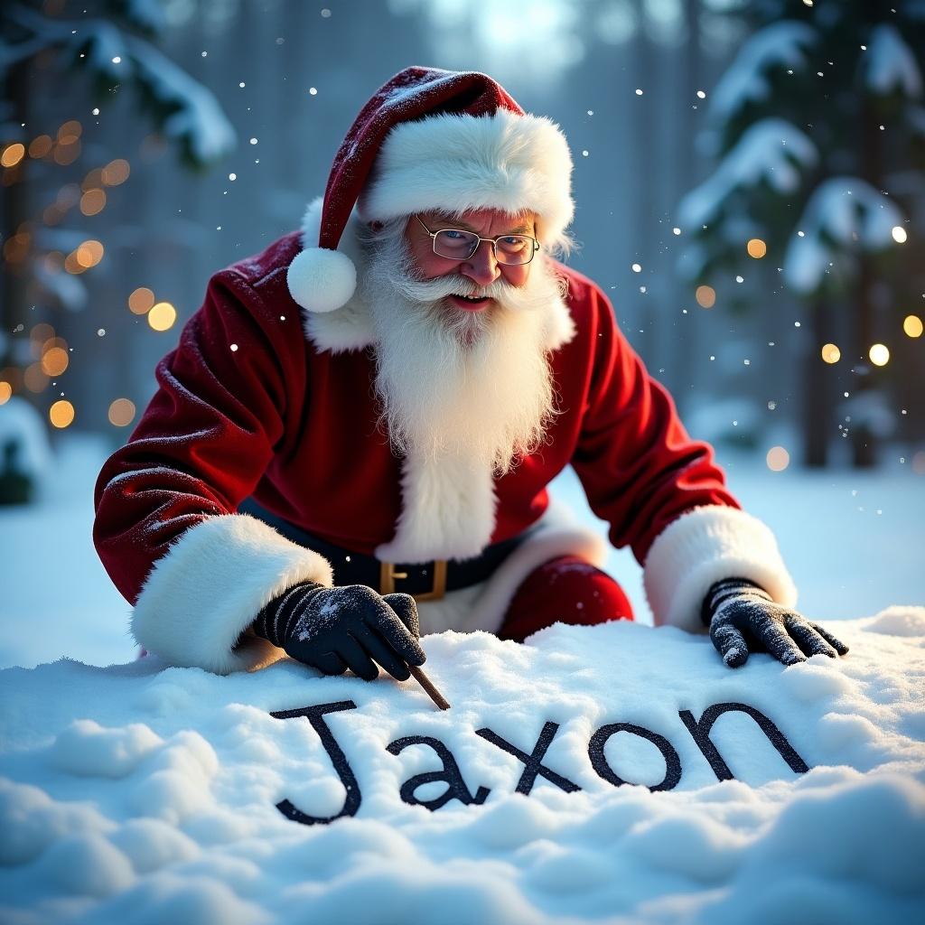 Image of Santa Claus writing the name Jaxon in the snow. Snow-covered ground and pine trees in the background. Santa wears a red suit and white gloves. A cheerful holiday scene depicting Christmas spirit.