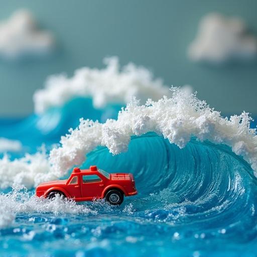 A red toy car navigates through large, stylized waves made of plastic and foam. The scene resembles a child's imaginative play with tsunamis and toy vehicles. Cloudy skies add to the dramatic effect.