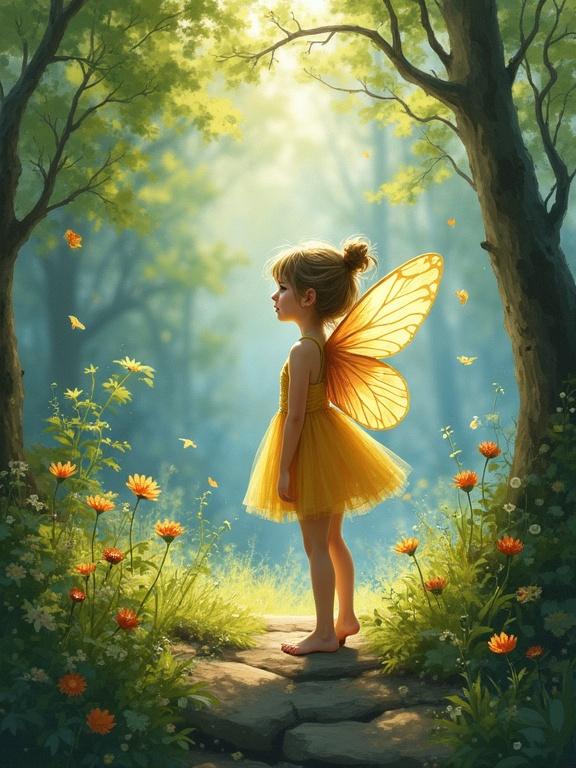 Impressionist painting with a cute little fairy in a vibrant forest. The fairy wears a yellow dress and has butterfly wings. Soft light filters through the trees, creating a magical atmosphere.