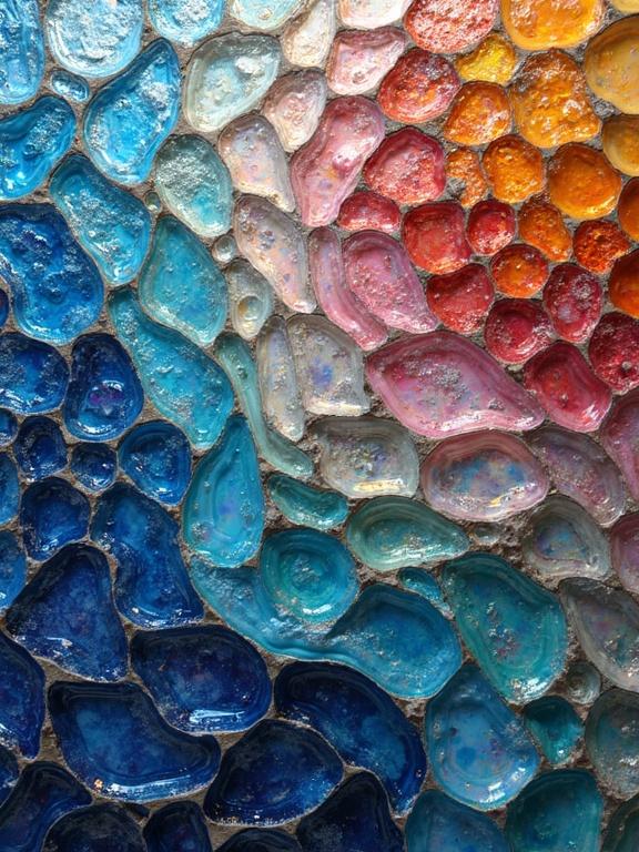 Masterpiece 3D multi-layered iridescent ceramic tile glass mosaic close-up. Ethereal and abstract with vibrant colors and textures. Zentangle design and hyper-detailed.