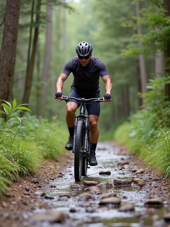 Mountain biker rides on a rocky trail with river stones. Dense green forest surrounds the path. Biker in action. Natural scenery represents outdoor sports.