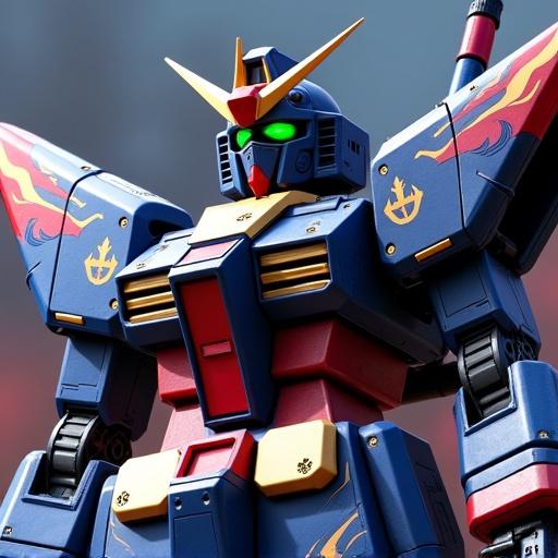 A towering mecha stands with deep blue armor and red and gold flame decals. The design is inspired by 1990s anime styles featuring a samurai helmet and glowing energy core. This giant robot has glowing green eyes and is armed with an overclocked particle beam rifle. It is equipped with a flame blade katana and a plasma sword. Red light trails and glowing hexagonal repair patterns adorn its nano-reactive armor. Mechanical wings and anti-gravity thrusters suggest advanced technology.