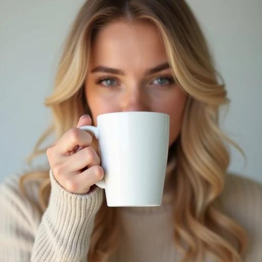 Attractive blonde woman holds a white cylindrical mug with her right hand. The setting suggests a lifestyle setting suitable for product display. The mug is front facing with no logos or text visible.