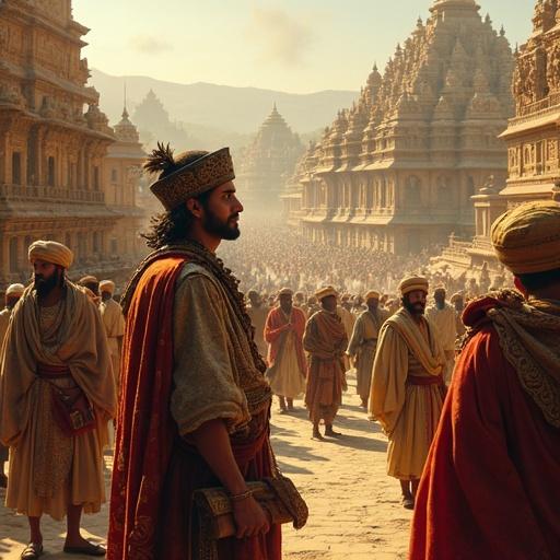 A historically rich depiction of Hampi at the twilight of the Vijayanagara Empire. The scene features a Portuguese merchant in 16th-century attire, curious and observant, holding a ledger. Show magnificent architecture, bustling crowds, richly adorned elephants, and merchants with exotic goods. Include subtle intrigue with figures in shadows and hushed conversations. The atmosphere blends grandeur and tension, with warm colors and dramatic lighting.