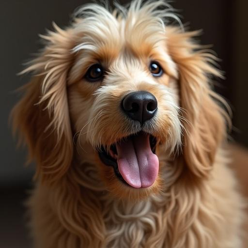 A happy dog with bright eyes and an open mouth. The dog has fluffy fur and is facing the camera. It looks joyful and playful.