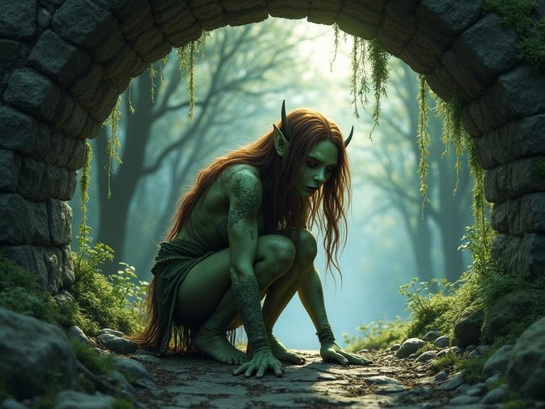 Close-up fantasy illustration of a female troll crouching under a stone bridge. Soft ethereal glow. Film grain effect. Vivid colors with mossy and earthy tones. Lichen-covered skin. Moonbeams filtering through trees. Mystical atmosphere with vibrant textures.
