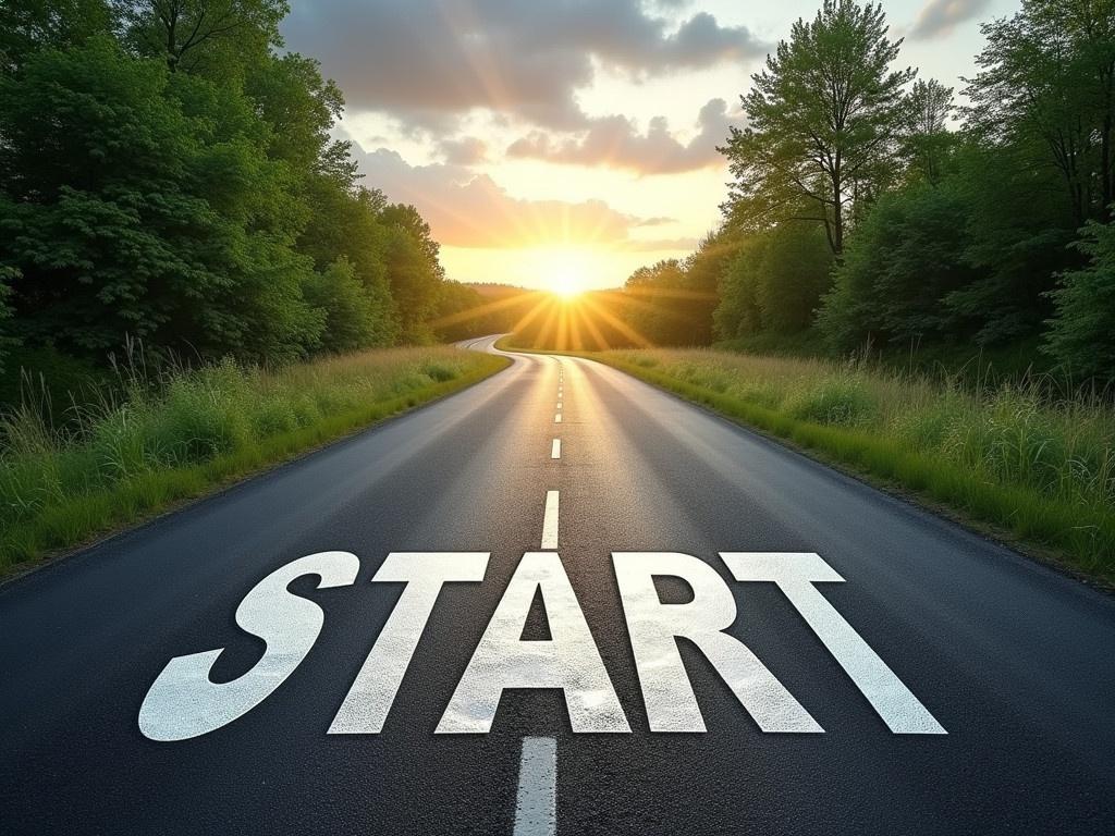 The image depicts a winding road in a serene natural setting, symbolizing the journey of business or personal success. At the forefront, there is a bold 'START' marked on the asphalt, reminding viewers of the beginning of their journey towards victory. The road curves gently, leading toward the horizon where the sun breaks through the clouds, symbolizing hope and new opportunities. Lush green forests line the sides of the road, creating a vibrant backdrop that encourages perseverance. This scene conveys a sense of movement forward, inviting individuals to embark on their startup journeys with determination and optimism.