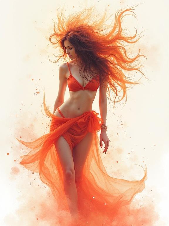 A mesmerizing artwork blending the styles of different artists showcasing a figure dressed in orange surrounded by dynamic colors. Watercolor subject evokes beauty and wonder.