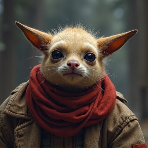Image of a character in a casual outfit. Character wears a red scarf. Background features a forest with soft focus. The character is facing slightly to the left, body angled away.