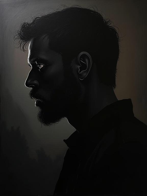 An extremely rough oil painting on a completely black background. A giant male silhouette with two black eyes emerges from the left side of the page.