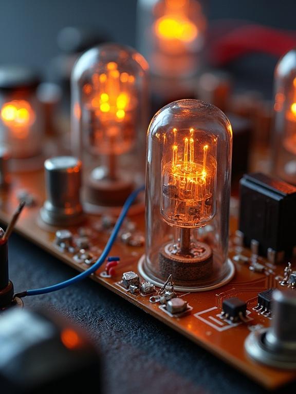 Detailed view of a circuit board featuring glowing glass tube fuses and bulbs. Wires connected to components on the board. Focus on the illuminated tubes and surrounding electronics.
