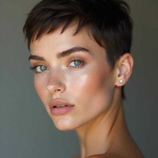 Close-up portrait of a model with a pixie haircut. The model has light skin. Focus on the beauty aspect and hairstyle. Emphasis on softness and elegance.