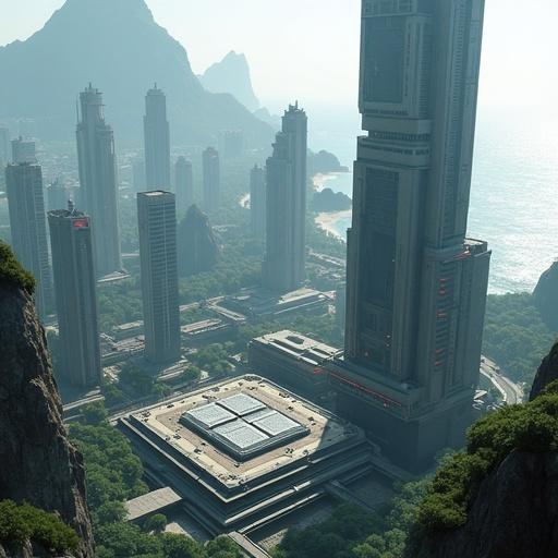 Futuristic Japanese city by the coast inspired by Freelancer video game. Realistic depiction with a tall skyscraper featuring a landing pad. Skyscrapers with Japanese architectural influence. Solar panels integrated into structures. Large park with Japanese gardens. Seaside with karsts and beaches in the background.