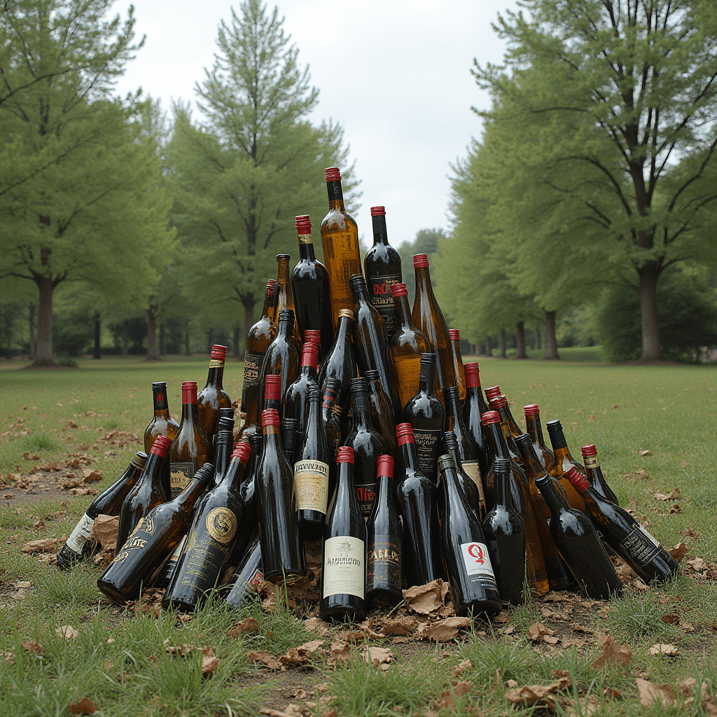 A pyramid of assorted wine bottles stands in a serene park setting.