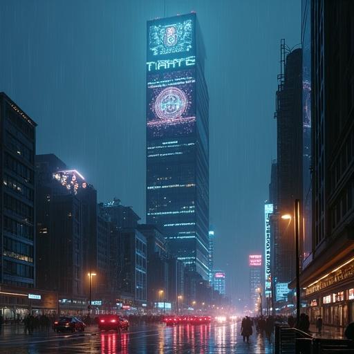Night panoramic view of a futuristic megacity in cyberpunk style under heavy rain. Imposing skyscrapers with high-tech designs featuring dark metal, glass, and exposed circuits. Blend of ancient Nordic and Hindu cultural influences with geometric runic patterns and stylized Viking knots. Rainy atmosphere with vibrant neon light reflections. Serious, technological, mysterious, slightly melancholic mood. Cinematic lighting, dramatic style. Main digital billboard integrated into the tallest building showing abstract patterns. Smaller neon signs on surrounding buildings. Hanging cables, steam from grates, distant flying vehicles.