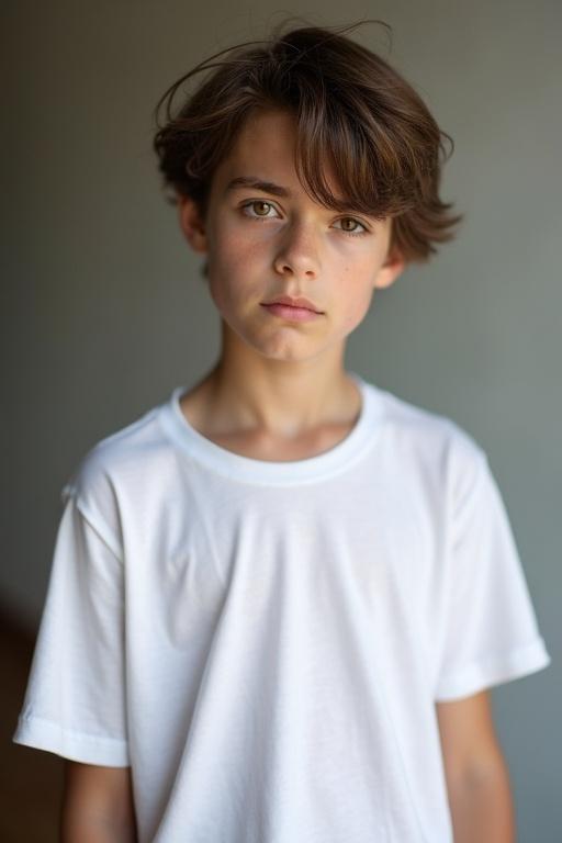 Portrait of a 17 year old boy. Sharp features with deep-set brown eyes. Smoldering expression. Disheveled short brown hair. White baggy t-shirt. Softly blurred background. Focus on upper body.