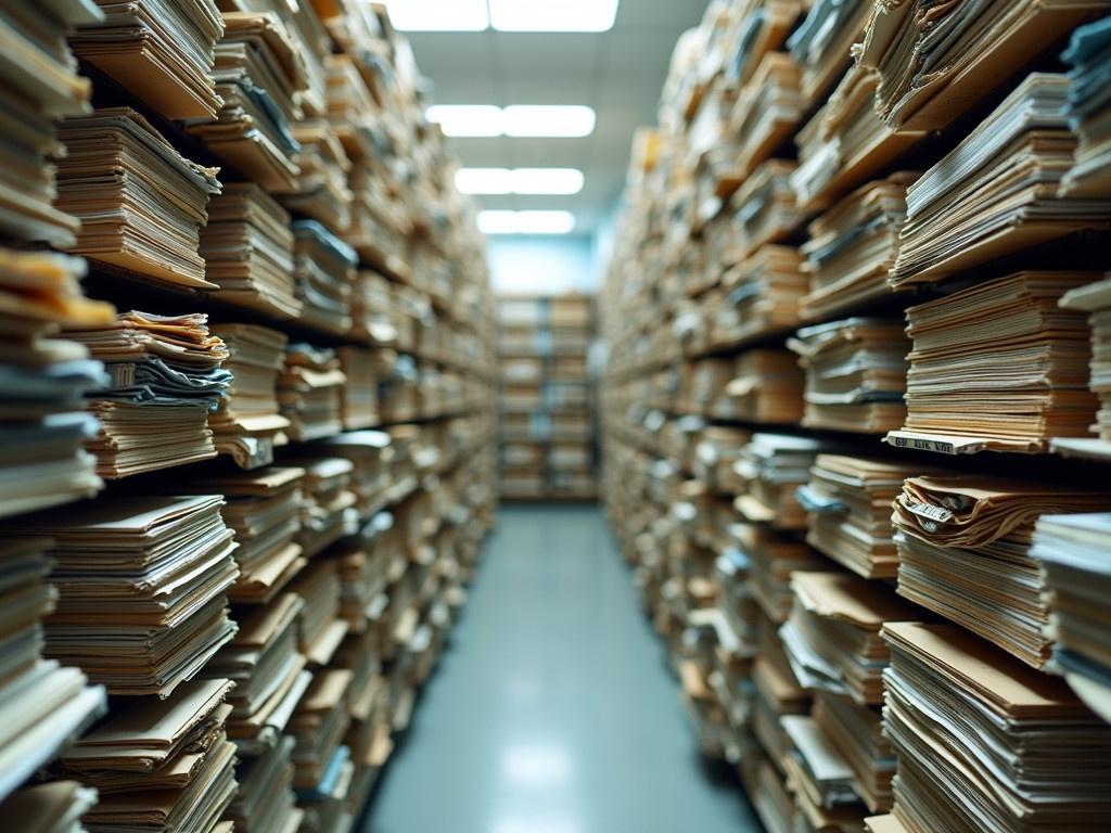 Piles of files are stacked in multiple rows of filing cabinets. The setting is an office or medical establishment, showcasing an overwhelming amount of files. Each drawer is filled to the brim with documents and folders. Labels are visible on some files, hinting at the various categories and contents within. The environment appears busy and organized yet somewhat chaotic due to the sheer volume of paperwork. The atmosphere hints at a bustling workspace filled with important information.