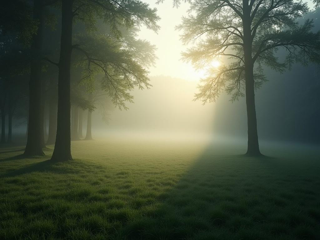 A mystic foggy landscape in the early morning light. The scene features tall trees that create a shadowy backdrop, while a soft mist hovers above the ground. The grass is lush and green, glistening with dew drops as the sun breaks through the fog. In the distance, a lone tree stands out, adding an interesting focal point to the composition. The atmosphere is serene and peaceful, evoking a sense of calm in nature.