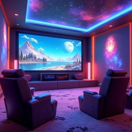 Dreamlike cinema-gaming hybrid room. Floating arcade machines and cozy recliners. Massive 360° holographic screen displays anime. Popcorn waterfall and sound-reactive lighting. Plush rug with galaxy patterns. Fantasy-futuristic fusion with vibrant neon glow. Unreal Engine 3D render with atmospheric lighting.