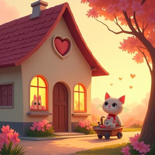 A cartoon house with heart-shaped windows. A fat cat drags a cart with a bunny inside towards the house. Romantic flowers surround the door. The scene is illuminated by warm evening light. The style represents cartoon art in 4K.
