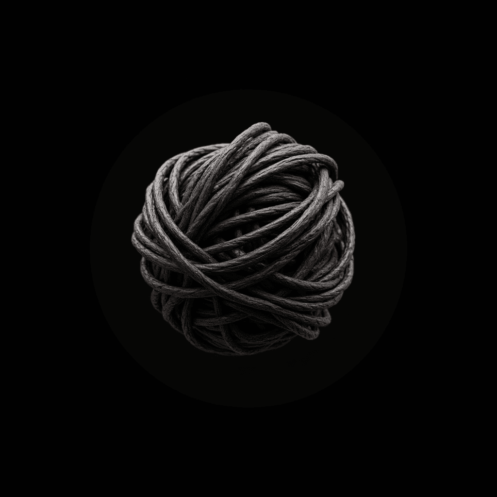 A tightly woven ball of dark string against a black background.