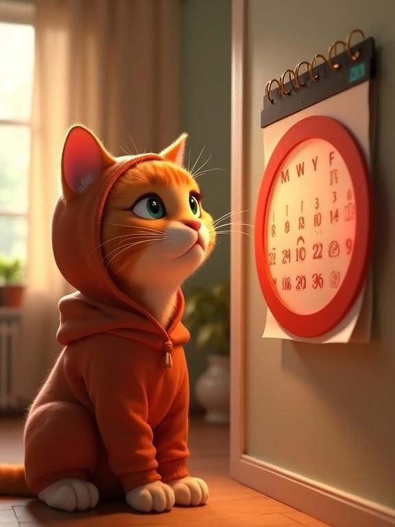 3D Pixar-style orange tabby cat in hoodie looking at wall calendar with slightly worried expression and a red circle around Monday. Soft warm apartment background with cinematic lighting and centered subject.