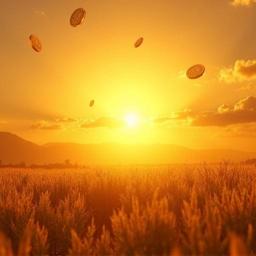 Golden sunrise illuminates a peaceful horizon. Soft rays of light shine on a golden field. An ambiance of spirituality and abundance. Floating coins create a sense of divine energy. A cinematic illustration style is evident.