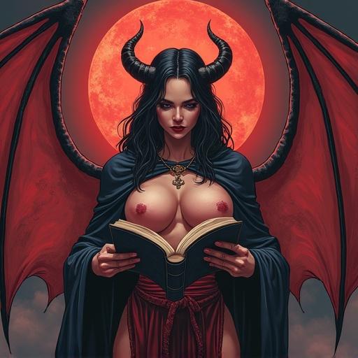 Demon priest reads a book. Huge breasts and wide hips are prominent features. Comic style with vibrant colors. Background features a red moon.