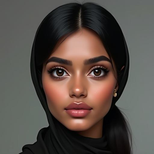 Generate an image of a 44-year-old Scottish-Pakistani Muslim woman with large dark brown eyes. She has black hair in a low straight ponytail, dark skin, full lips, and thick eyebrows.