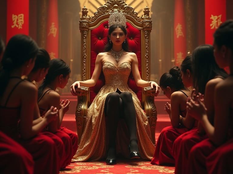 A young Empress sits on a tall throne. She wears a gold gown and a diamond crown. Black stockings and high heels complete her look. Sub maids kneel, kissing her heels. Elegant hands with long nails. Photorealistic and detailed textures in a palace setting.