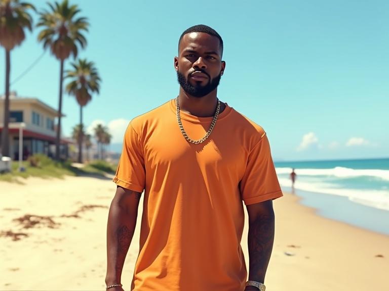Confident Black male rapper stands on a bright beach during the day. The character has no visible accessories and wears a solid orange t-shirt. The background features sandy beach terrain with palm trees and beach vegetation. The image has bold outlines and vivid saturated colors creating a Grand Theft Auto video game aesthetic.