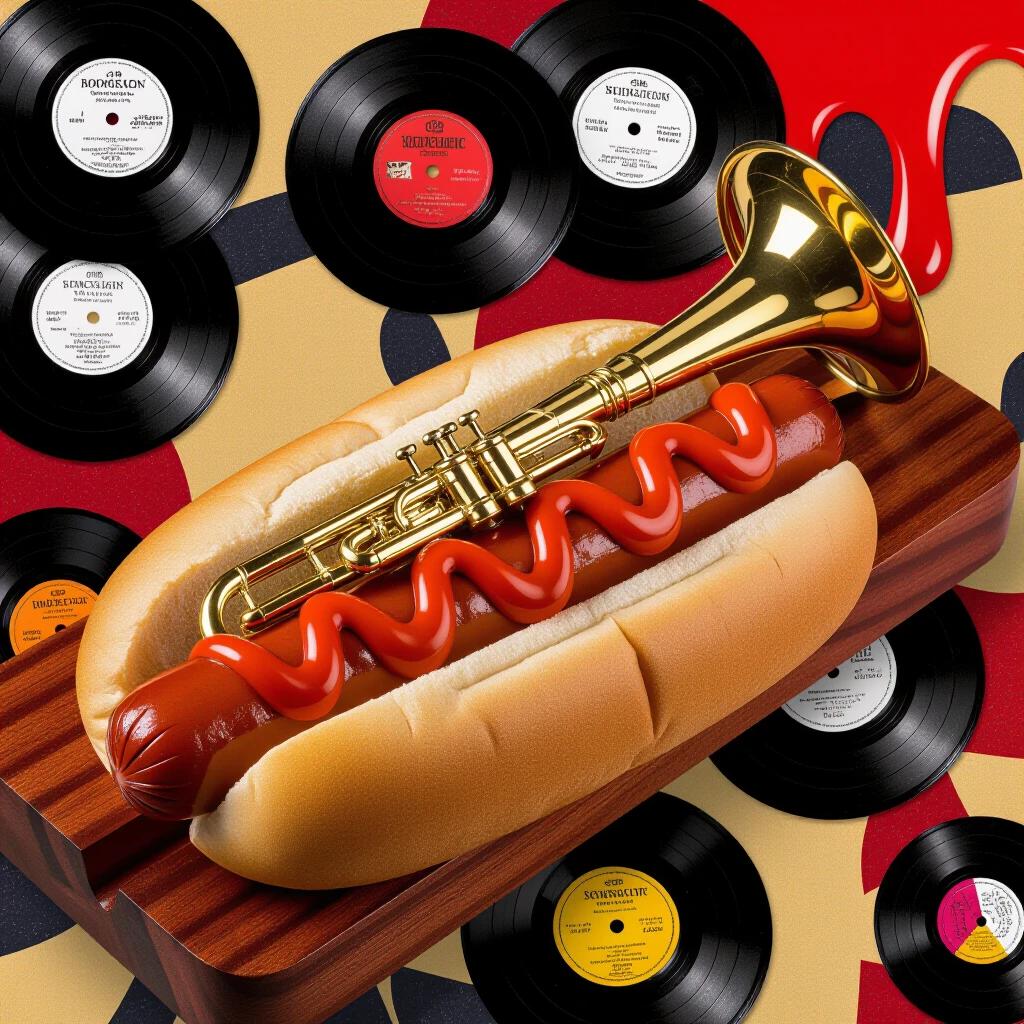 A highly creative hot dog with a mahogany wood bun and a brass horn sausage. Ketchup is made of melted vinyl records. Style combines jazz expressionism and surreal collage elements.
