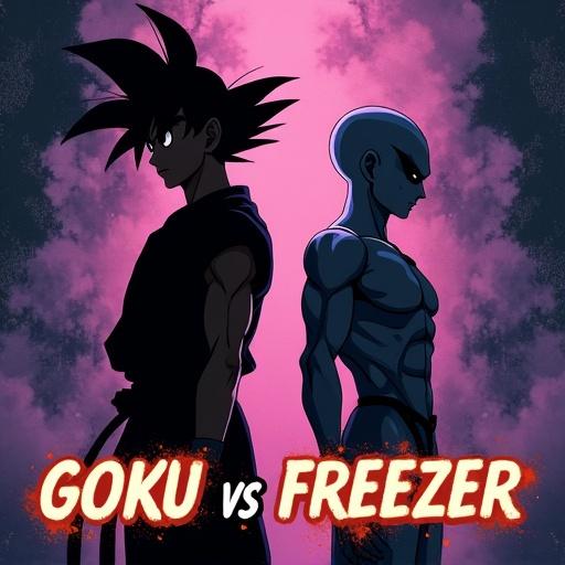 Cover artwork for the song GOKU VS FREEZER by YO REPTIL. Inspired by Goku and Freezer standoff. Characters in dark silhouettes. Goku taller, spiky black hair, martial arts gi. Freezer in final form with smooth alien body. Dark background with abstract smoke. Retro-futuristic style with grainy textures and neon hints. Title in distressed Japanese-style typeface.