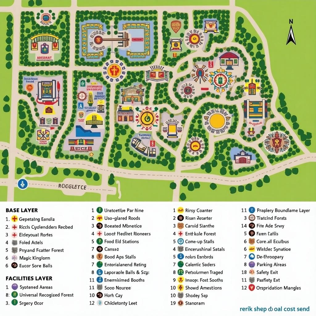 Detailed layout of a theme park showcasing various attractions and facilities. Main areas highlighted include entry points, rides, themed zones, and amenities. Clear visual organization with symbols for food and safety features. A notable scale and directional guidance included.