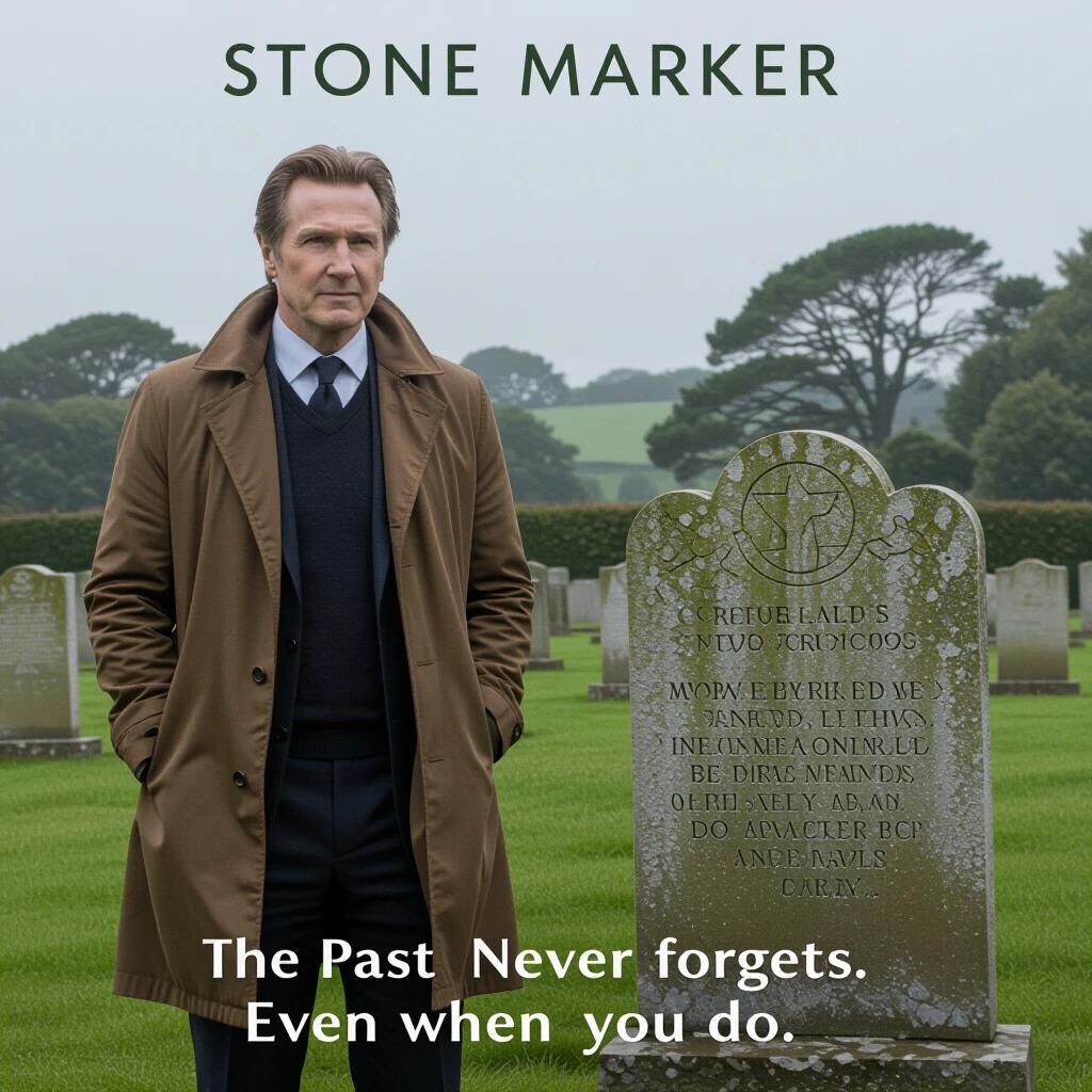 Image of a man standing near a gravestone in a cemetery. He wears a long coat and looks serious. The gravestone features an inscription that reads 'The past never forgets. Even when you do.'